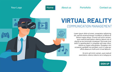 People use virtual reality to play games and watch movies. Landing page concept for virtual reality technology