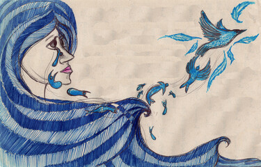Transformación de la tristeza, emociones, mar de emociones, mujer, cambios, estados emocionales, estados mentales, color azul, aves, ilustración, dibujo a mano, color sobre papel envejecido, bohemio