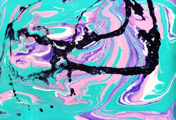 Abstract lilac-blue marble background with a purple curved line in the middle. Acrylic paint flows...