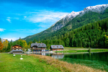House by the mountain lake. Great view of the mountains.