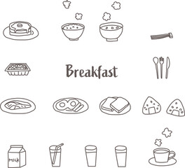 ゆるい日本の朝食の手描き線画イラスト