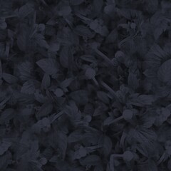 Dark moody almost black leaf seamless pattern. High quality illustration. Deep mysterious distant and faded leaf foliage design. Luxurious shadow surface pattern design for interiors or backgrounds.