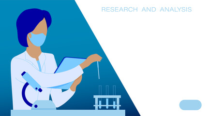 Student, medical scientist in white coat is conducting research experiment in chemistry and biology. Liquid drips into test tube. Scientific research in field of medicine. Vector