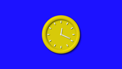 Amazing yellow color 3d wall clock isolated on blue background, Counting down 3d wall clock