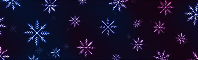Blue purple neon snowflakes abstract glowing Christmas background. Vector winter banner design © saicle