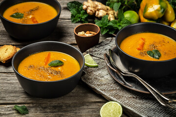 Tasty appetizing autumn warm soup with pumpkin carrot soup with baked peppers and cheese, lime juice and ginger. Served in bowls on dark table