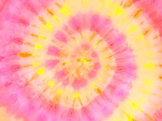 Spiral tie dye wallpaper. Hippie tie-dye background. Tiedye backdrop. Psychedelic tie dye pattern in yellow and pink. - 386553509