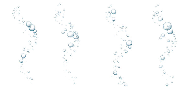 Blue fizzy bubbles. Sparkles underwater stream in water, sea, aquarium. Fizzy pop and effervescent drink. Abstract fresh soda bubbles. Vector illustration.