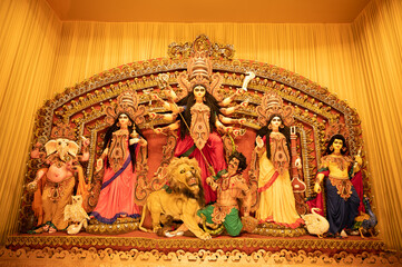 Durga Puja Festival in Kolkata , West Bengal. Goddess durga idol displayed in Puja Pandal.