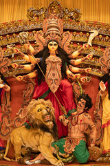 Durga Puja Festival in Kolkata , West Bengal. Goddess durga idol displayed in Puja Pandal.