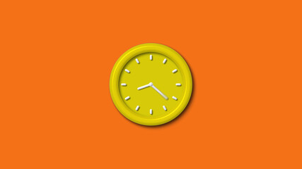 Yellow color 3d wall clock isolated on brown background, 12 hours wall clock