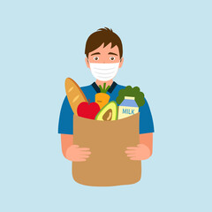 Man wearing medical mask and holding grocery food in flat design. Male wear face mask to prevent Covid19 Coronavirus spreading when buying food from supermarket. Healthcare concept.