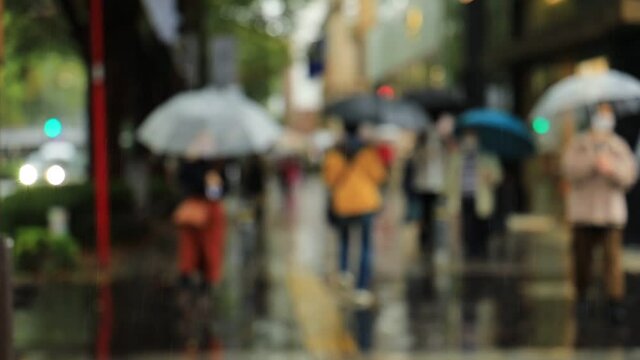 雨の東京　表参道　傘をさして歩く人々　スローモーション　ぼかし　10月　秋