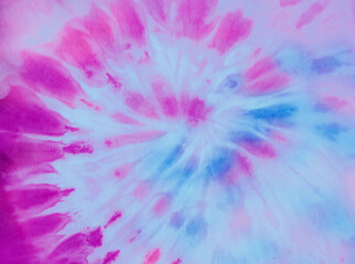 Swirl tie dye background. Hippie spiral tie-dye wallpaper backdrop. Tiedye in pink and blue. 