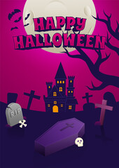 Halloween Event Poster Night Party Creepy Castle At Cemetery Headstone Bone Coffin Skull and Full Moon Vector Background Wallpaper Design