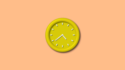 Amazing yellow color 3d wall clock isolated on brown light background, 12 hours 3d wall clock