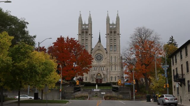 Time-lapse autumn time. Gothic church.  
Basilica of Our Lady - Guelph, Ontario, Canada