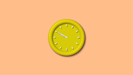 Amazing yellow color 3d wall clock isolated on brown light background, 12 hours wall clock