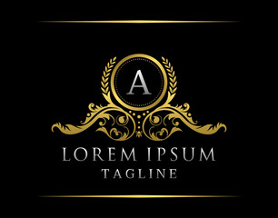 Luxury Boutique A Letter Logo. Luxury Badge Gold design for Boutique, Royalty, Letter Stamp,  Hotel, Heraldic, Jewelry, Restaurant, Wedding.