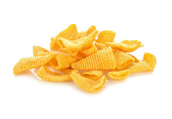 Crunchy corn snacks on a white background