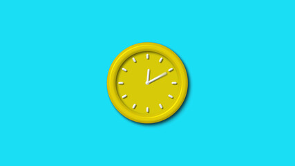 Yellow color 3d wall clock isolated on cyan background, 3d wall clock