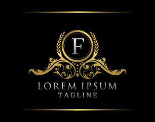 Luxury Boutique F Letter Logo. Luxury Badge Gold design for Boutique, Royalty, Letter Stamp,  Hotel, Heraldic, Jewelry, Restaurant, Wedding.