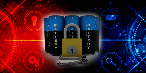 Fototapeta na wymiar 3d rendering Electrical energy and power supply source concept, accumulator battery protection lock
