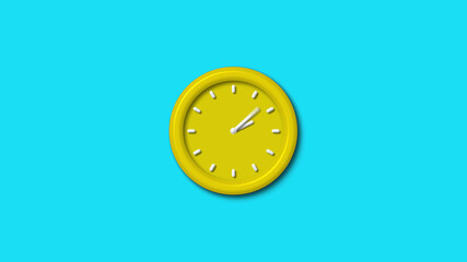 Amazing yellow color 3d wall clock isolated on cyan background, 12 hours wall clock