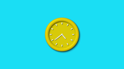 Amazing yellow color 3d wall clock isolated on cyan background, 12 hours wall clock