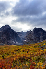 Beautiful View of Dramatic Mountains and Valley during Fall in Canadian Nature. Aerial Shot. Taken in Tombstone Territorial Park, Yukon, Canada.
