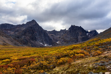 Beautiful View of Dramatic Mountains and Valley during Fall in Canadian Nature. Aerial Shot. Taken in Tombstone Territorial Park, Yukon, Canada.