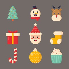 cute christmas flat icon set isolated on gray background. vector Illustration.