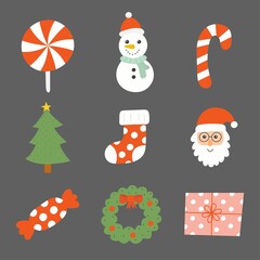 cute christmas flat icon set isolated on gray background. vector Illustration.