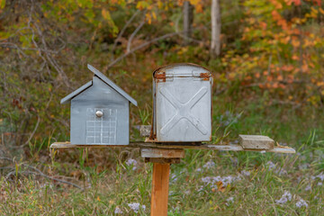 Pair of roadside rural mailboxes one unique landscape