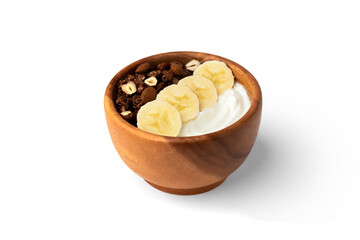 Granola with yogurt, banana and nuts isolated on white background.