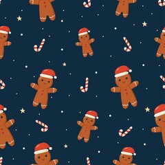 gingerbread man christmas seamless pattern. cookies  isolated on blue background. vector Illustration.  