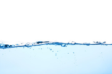 Light blue water wave with air bubbles and a little bit splashed underwater, studio shot isolated on white background. The abstract clean surface on liquid