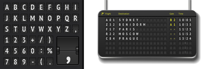Vector airline departure board isolated. Realistic flip airport board template with black 3d airline timetable and scoreboard font