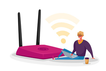 Tiny Male Character with Laptop and Coffee Cup Sitting at Huge Wifi Router Using Wireless Internet Connection Concept