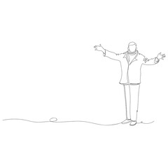 the person greets. vector contour image of a man. one line. outline drawing