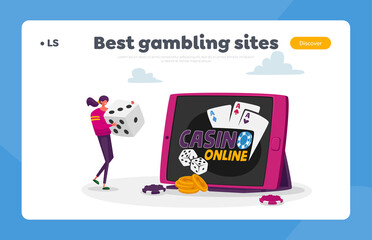 Woman Gaming, Earn Money in Internet, Gambling Landing Page Template. Tiny Female Character Huge Dice for Poker Game