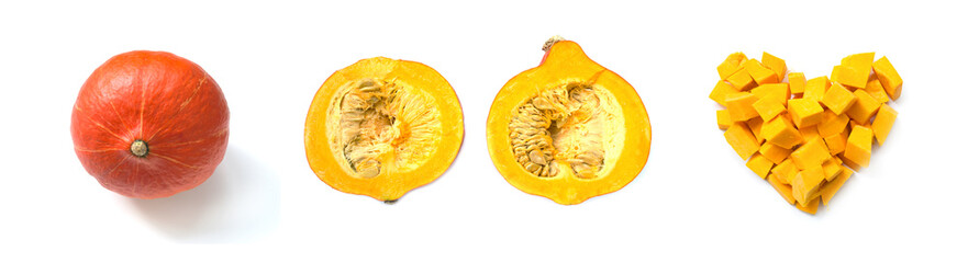 Pumpkin set. Heart shaped pumpkin slices on hite background. From top view