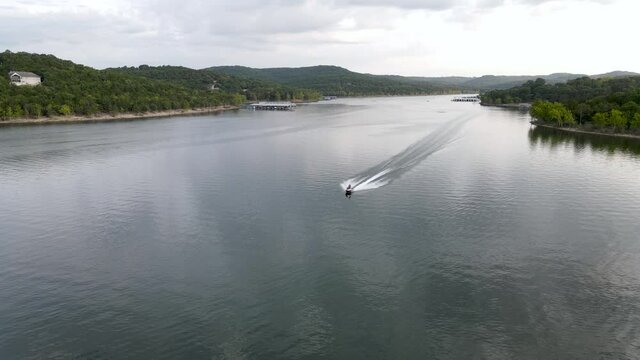 Jet Ski Waverunner In Tranquil Scene On American Lake State Park In Missouri, Aerial Drone View