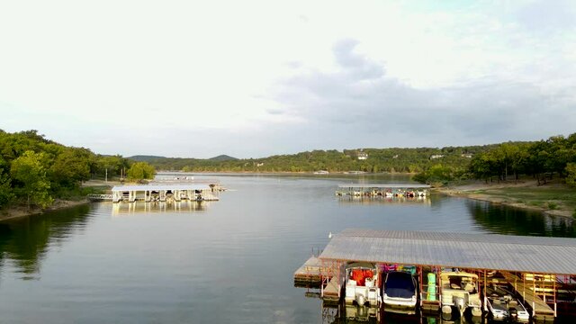 Missouri State Park. Boats On Water At Table Rock Lake - Aerial Flying View