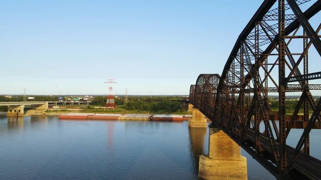 Steel Modern Architecture of Merchants Rail Bridge Crossing Mississippi River in St. Louis, Missouri. Aerial Drone View
