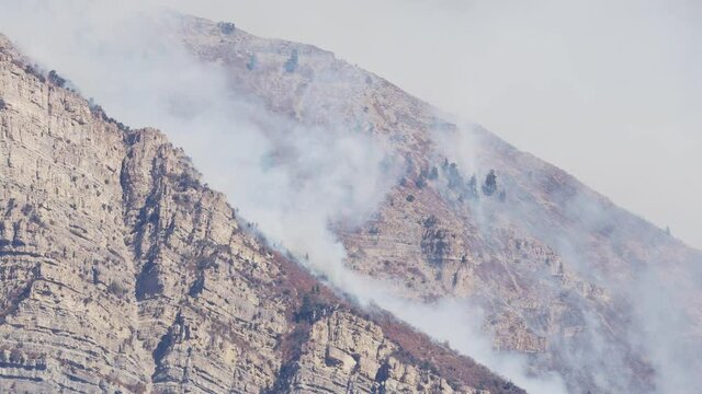 Wildfire working up mountainside  on steep slope in Utah during the range fire in Provo Canyon.