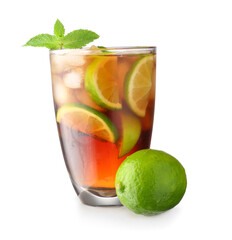 Glass of tasty Cuba Libre cocktail on white background