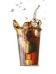 Glass of tasty Cuba Libre cocktail with splash on white background