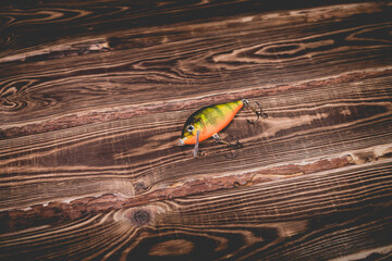 Studio photo of one wobbler on a wooden background.
