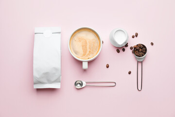 Composition with hot coffee  on color background